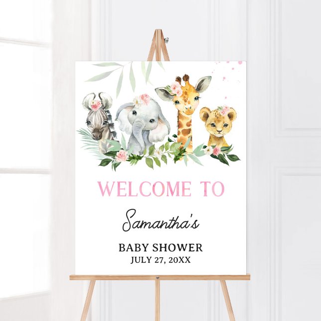 Det är en flicka Safari Animals Baby Shower Välkom Poster (Pink Floral Jungle Safari Baby Shower Welcome Sign)