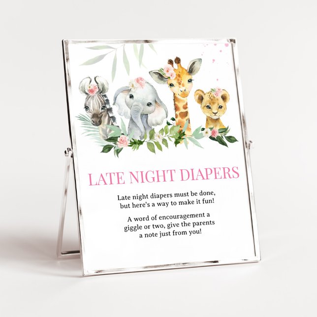 Det är en flicka Safari-djur sen nattlejda Poster (Pink Floral Jungle Safari Baby Shower Late Night Diapers Sign)