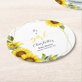 Det är en flicka! Solrosbabyskor för vattenfärg Underlägg Papper Rund