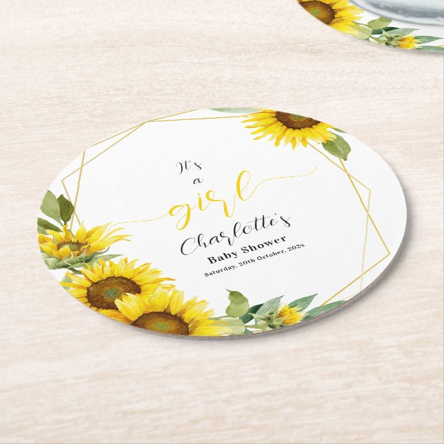 Det är en flicka! Solrosbabyskor för vattenfärg Underlägg Papper Rund (Vinklad)