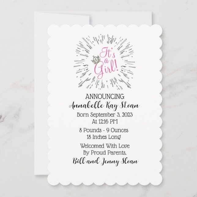 "Det är en flicka!" Tiara Baby-meddelanden Inbjudningar (Framsida)