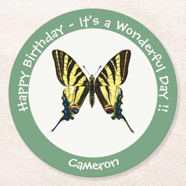 Det är en Födelsedagsfest för Skrussvanselfjäril. Underlägg Papper Rund (Framsidan)