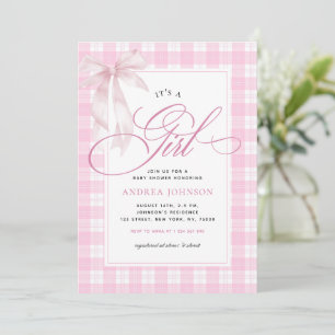 Det är en Girl Bow & Rosa Gingham Play Baby Shower Inbjudningar