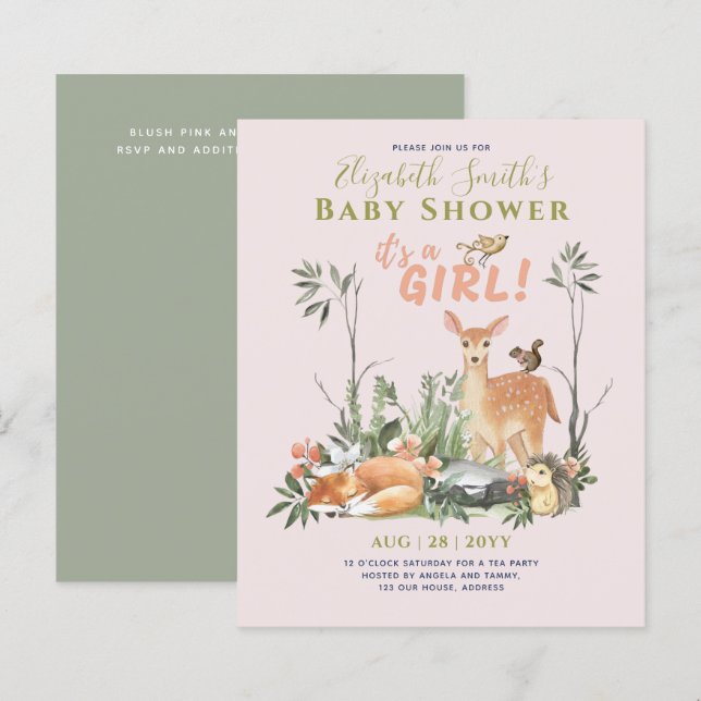 Det är en GIRL! Cute Woodland Baby djur Shower Inv (Fram/baksida)