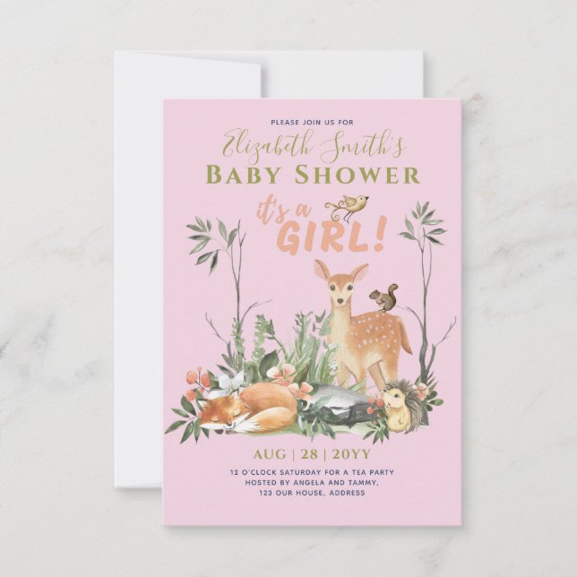Det är en GIRL! Cute Woodland Baby djur Shower Inv (Framsida)