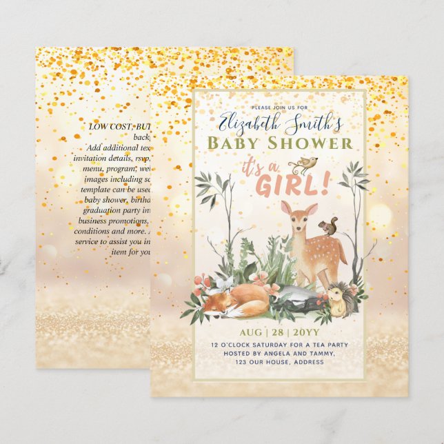 Det är en GIRL! Cute Woodland Baby djur Shower Inv (Fram/baksida)