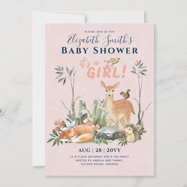 Det är en GIRL! Cute Woodland Baby djur Shower Inv Inbjudningar (Framsida)