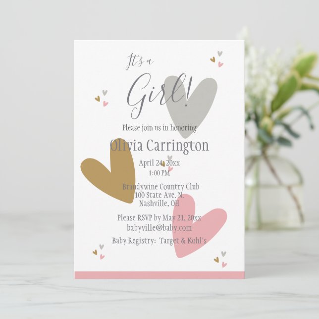 Det är en GIRL Rosa Hearts Modern Simple Baby Show Inbjudningar (Stående Fram)