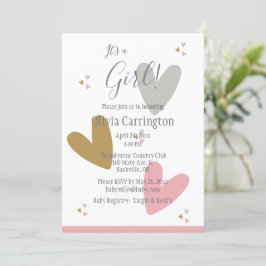 Det är en GIRL Rosa Hearts Modern Simple Baby Show Inbjudningar