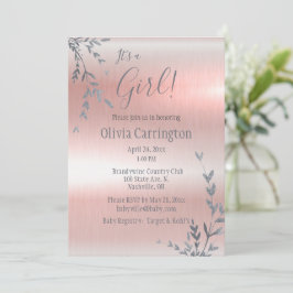 Det är en GIRL Rosa Metallic Silver Löv Baby Showe Inbjudningar