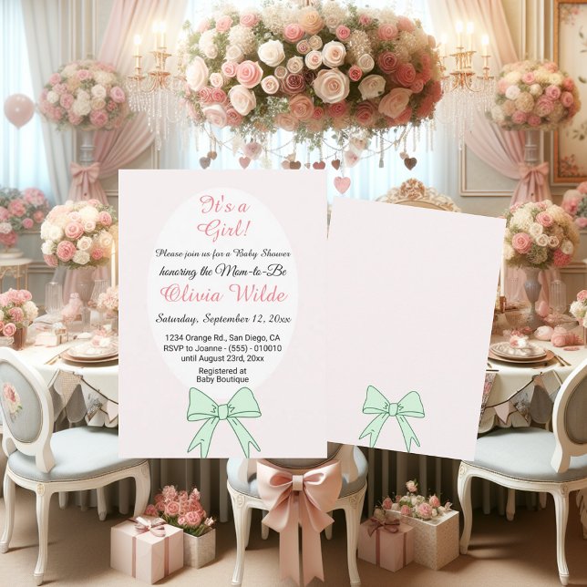 Det är en Grönt Bow & Flowers för en babydusch Inbjudningar (Skapare uppladdad)