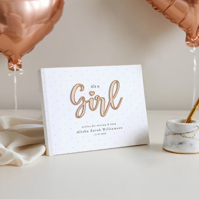 Det är en Guld-skribent från Flickan Ro, Brev Baby Gästböcker (It's a Girl Rose Gold Script Balloon Letters Baby Guest Book)