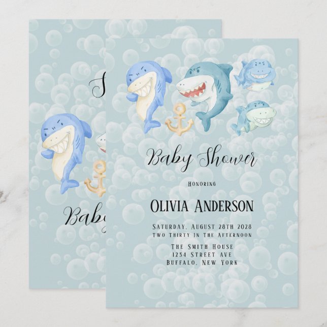 Det är en haj med Bubbles Baby Shower Inbjudningar (Fram/baksida)