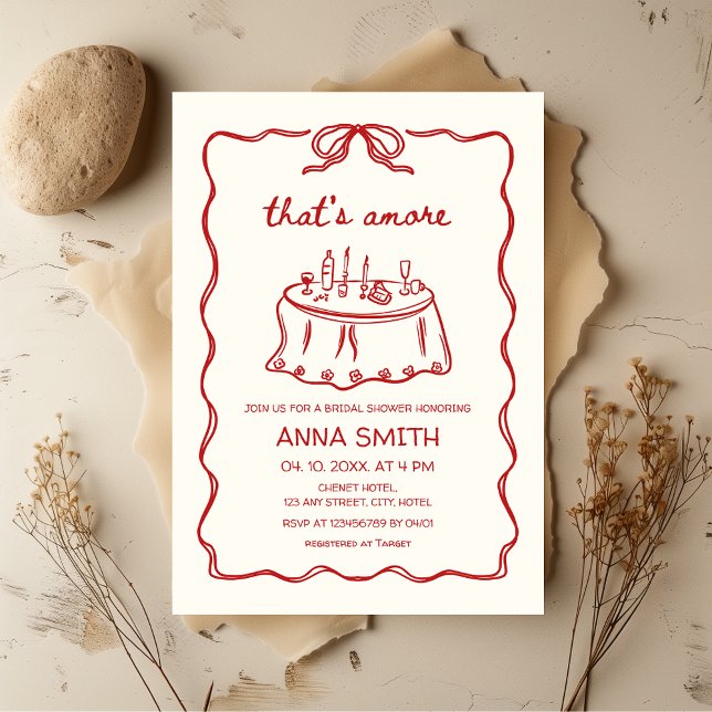 Det är en handillustrerad röd Möhippa Inbjudningar (That's amore Red Hand-drawn Quirky Funky Retro Bridal Shower Invitation with bow and hendlettering)
