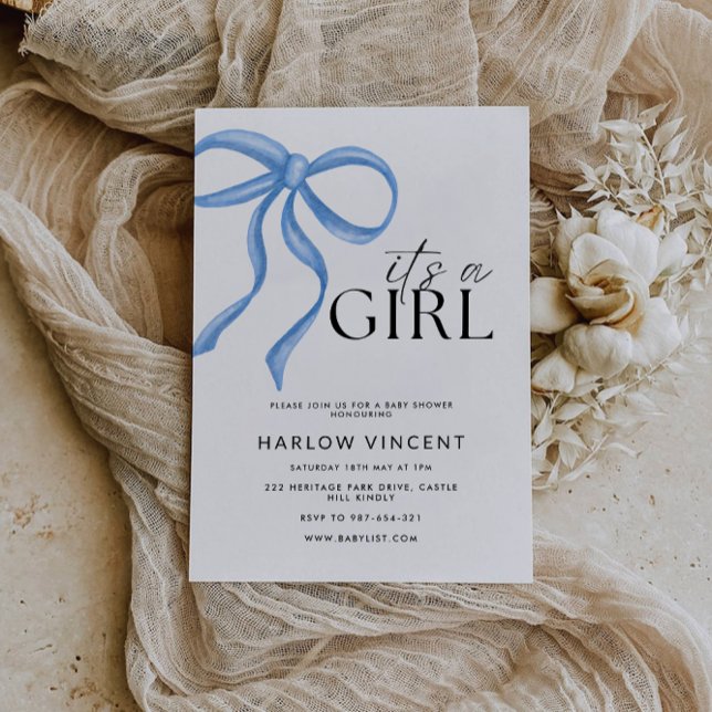 Det är en inbjudan till Blue Bow Baby Shower. (It's A Girl Blue Bow Baby Shower Invitation)