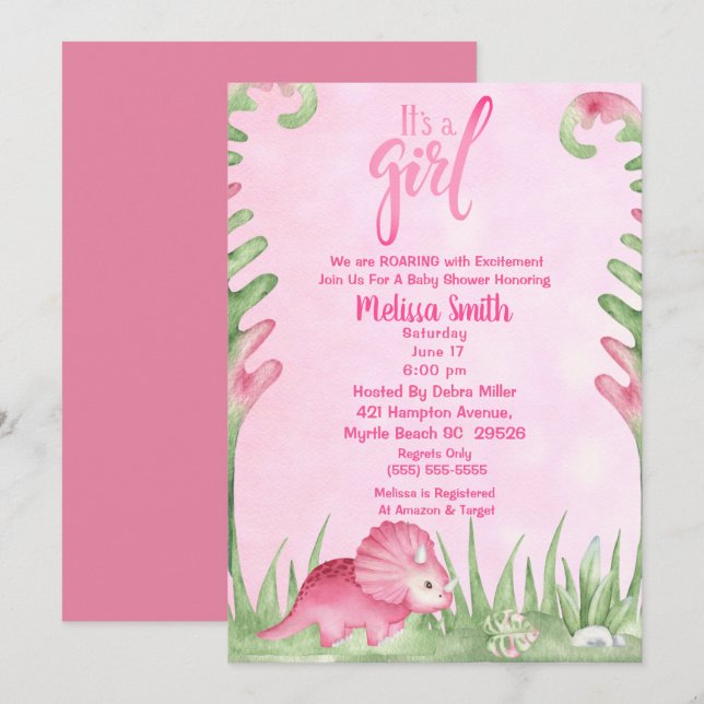 Det är en inbjudan till en flicka Dino Baby Shower (Fram/baksida)
