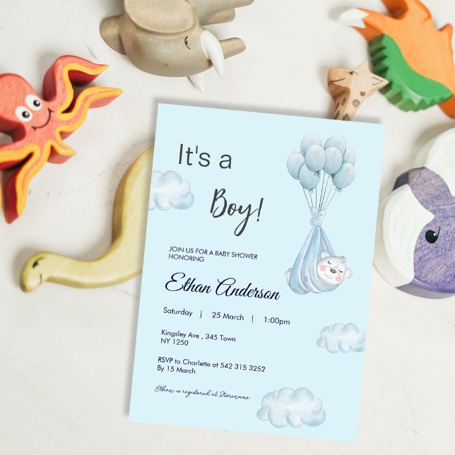 Det är en inbjudan till en pojk- och babybabyskare (Its a boy bear Balloon Baby Shower Invite)