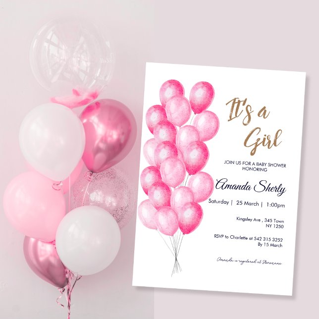 Det är en inbjudan till Rosa Balloons Baby Shower (Its a Girl Pink Balloons Baby Shower Invite)