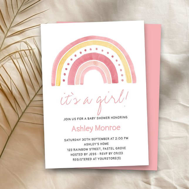 Det är en inbjudan till Rosa Rainbow Baby Shower (It's a Girl baby shower invitation with cute rainbow)