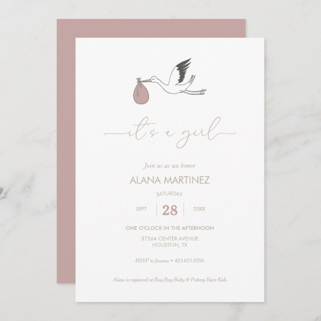 Det är en inbjudan till Stork Baby Shower. (Fram/baksida)