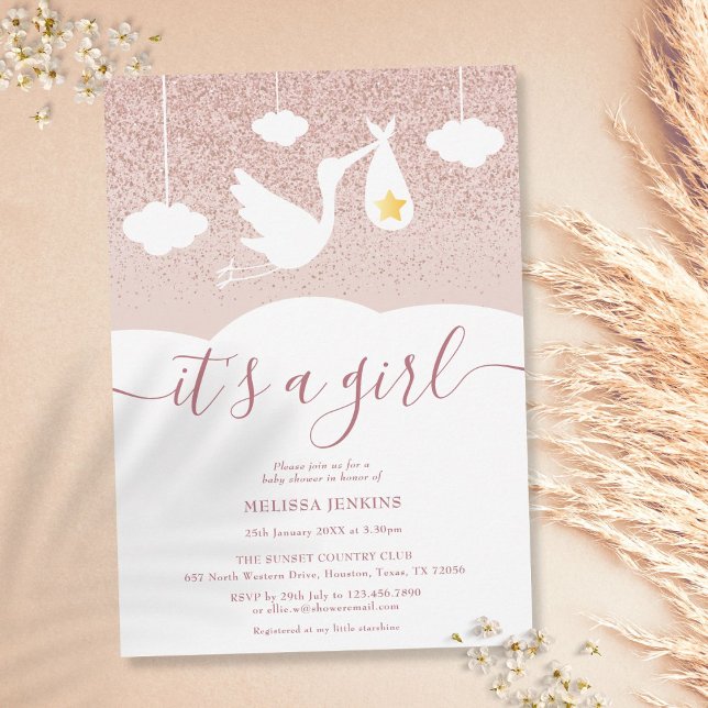 Det är en liten babystötare Stork Ro Guld Glitter Inbjudningar (Skapare uppladdad)