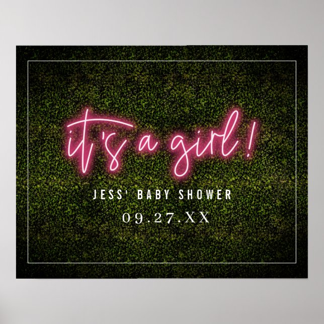 Det är en liten Rosa Neon Boxwood Baby Shower Poster (Framsidan)