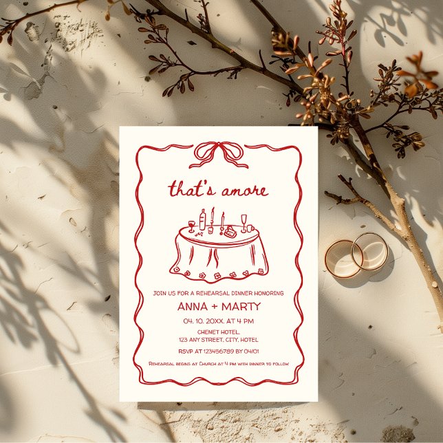 Det är en mer Hand-illustrerad Red Rehearsal-midda Inbjudningar (That's amore Red Wedding Rehearsal Dinner Hand Drawn Invitation)