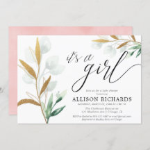 Det är en modern barndusch för rosa i guld.