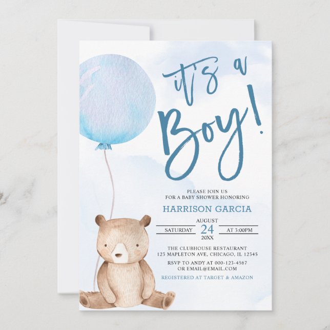 Det är en Nalle Blue Balloon Baby Shower Inbjudningar (Framsida)