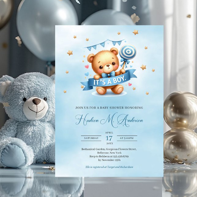 Det är en nalle för barnduschinbjudan. inbjudningar (it's a boy cute teddy bear baby shower invitation)