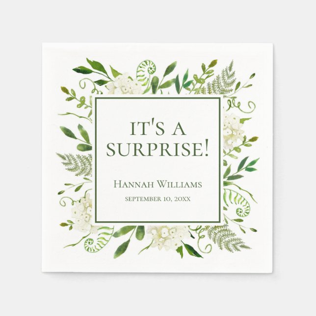 Det är en överraskning Vita Hydrangeas Baby Shower Pappersservett (Framsidan)