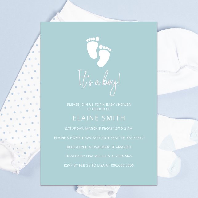 Det är en pojk-Baby-fotavtryck, Cute Blue Boy Baby Inbjudningar (Its a Boy Baby Footprint Cute Blue Boy Baby Shower Invitation)