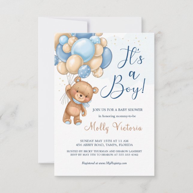 Det är en pojk Bear Balloons Baby Shower (Framsida)