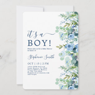 Det är en pojk-blå Blommigt-babyinbjudan. Inbjudningar