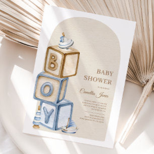Det är en pojk-blå boho-block och Leksak-babyskor Inbjudningar