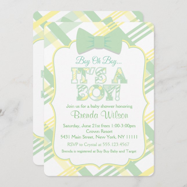 Det är en pojk, Blek Grönt Baby Shower-inbjudan Inbjudningar (Fram/baksida)