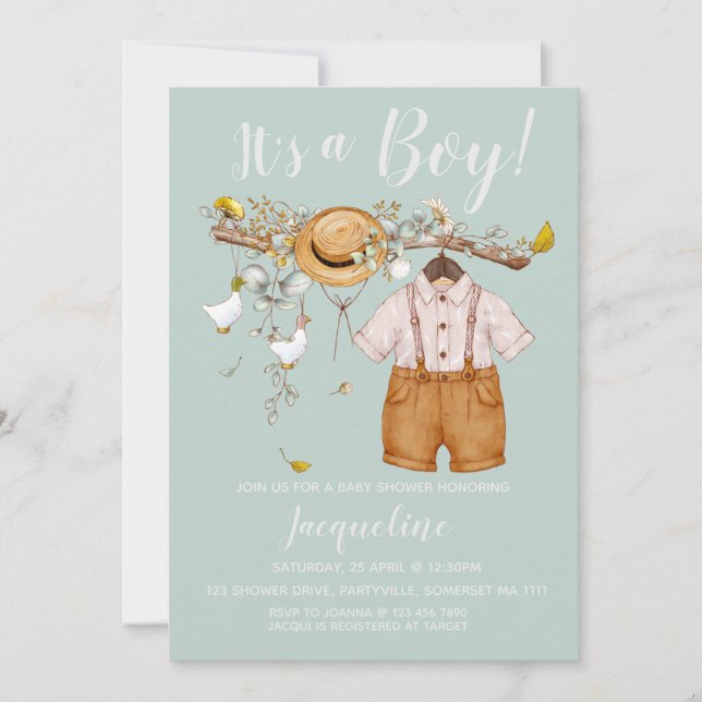 Det är en pojk-Blommigt-babyinbjudan. Inbjudningar (Framsida)