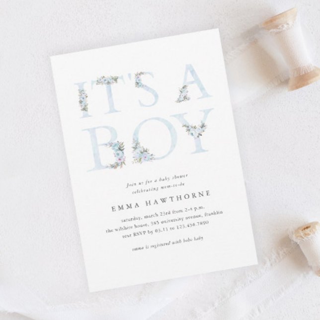 Det är en pojk Blommigt Typography Boys Baby Showe Inbjudningar (It's a Boy Elegant Floral Typography Baby Shower Invitation.)