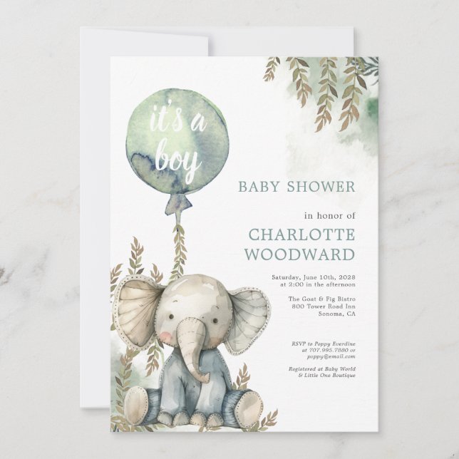 Det är en pojk Blue Balloon Elephant Baby Shower Inbjudningar (Framsida)