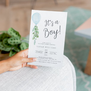 Det är en pojk Blue Balloon Eucalyptus Baby Shower Inbjudningar