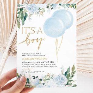 Det är en pojk Blue Balloon Greenery Baby Shower Inbjudningar