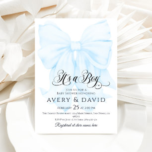 Det är en pojk Blue Bow Modern Elegant Baby Shower Inbjudningar