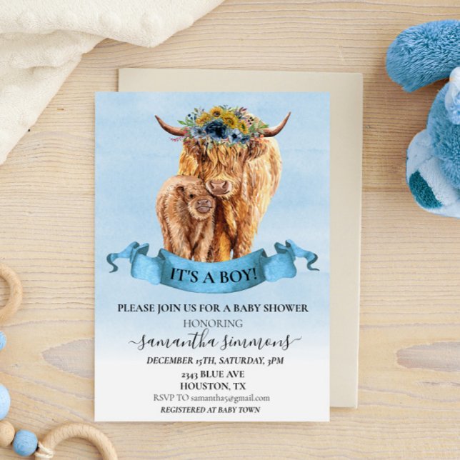 Det är en pojk Blue Highland Cow Calf Baby Shower Inbjudningar (Skapare uppladdad)