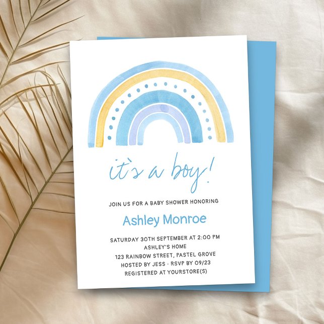 Det är en pojk Blue Rainbow Baby Shower Inbjudningar (It's a Boy baby shower invitation with cute rainbow)