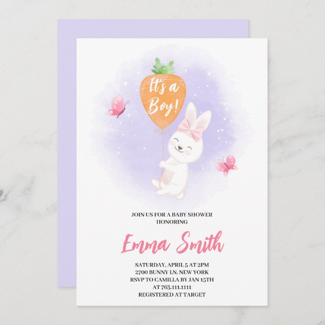 Det är en pojk-cute Bunny Baby Shower-inbjudan Inbjudningar (Fram/baksida)