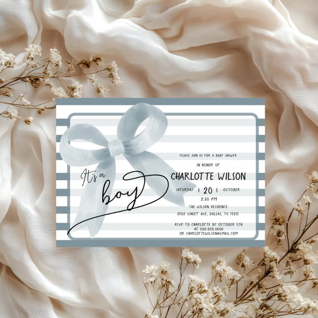 Det är en pojk-cute-dusty Blue Bow Rand Baby Showe Inbjudningar (Skapare uppladdad)