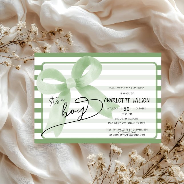 Det är en pojk-cute Grönt Bow Rand Baby Shower Inbjudningar (Skapare uppladdad)