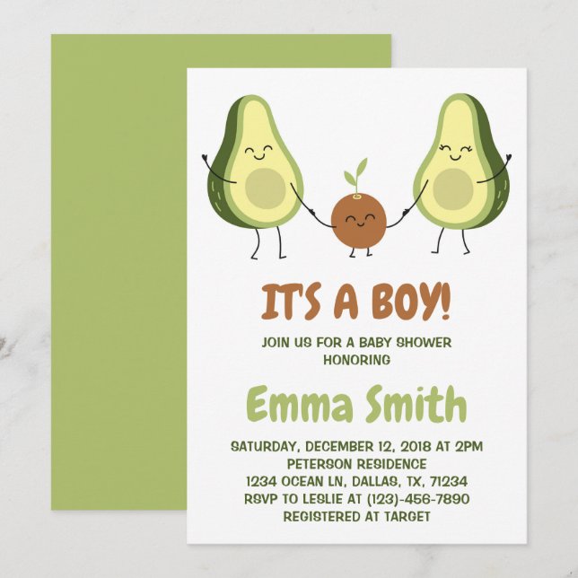 Det är en pojk-Cute Play Avocado Baby Shower Inbjudningar (Fram/baksida)