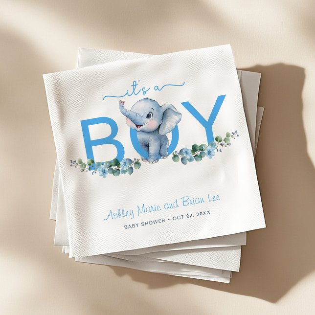 Det är en pojk-elefant-babyskabinka - blå vett pappersservett (It's A Boy Baby Shower Napkins)