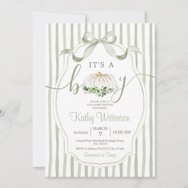 Det är en pojk-Pumpkin Dusty Grönt Baby Shower Inbjudningar (Framsida)